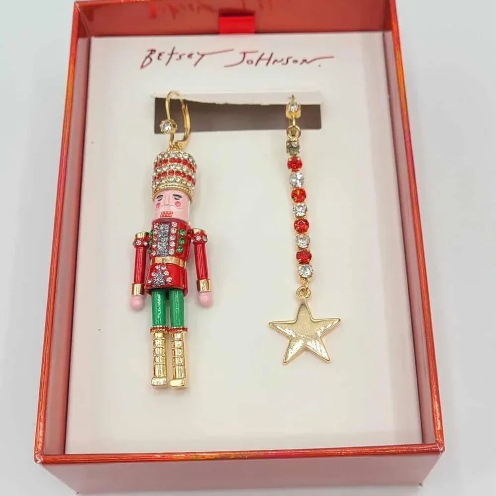 Betsey Johnson Crystal Mismatched Nutcracker Star Earrings NWT! NEW! Christmas